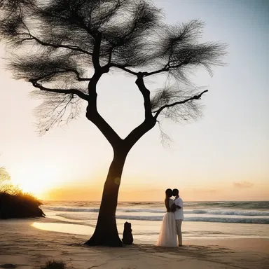 As the sun set behind the casuarina trees, casting a warm glow, the couple shared a romantic moment on the beach.