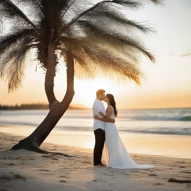 As the sun set behind the casuarina trees, casting a warm glow, the couple shared a romantic moment on the beach.
