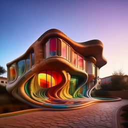 Architectural masterpiece house made of multicolored bricks, Zaha Hadid fluidity, Antonio Gaudi uniqueness, without vignetting, architectural photography style.