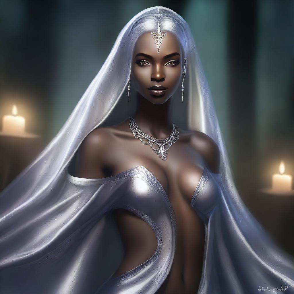 This is a high-quality, realistic fantasy portrait of a stunning young dark elven priestess