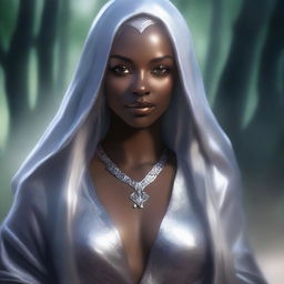 This is a high-quality, realistic fantasy portrait of a stunning young dark elven priestess