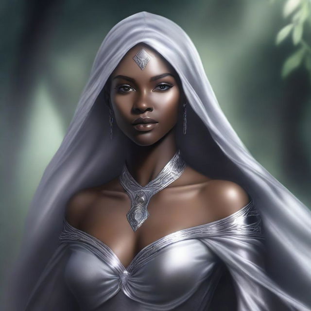 This is a high-quality, realistic fantasy portrait of a stunning young dark elven priestess