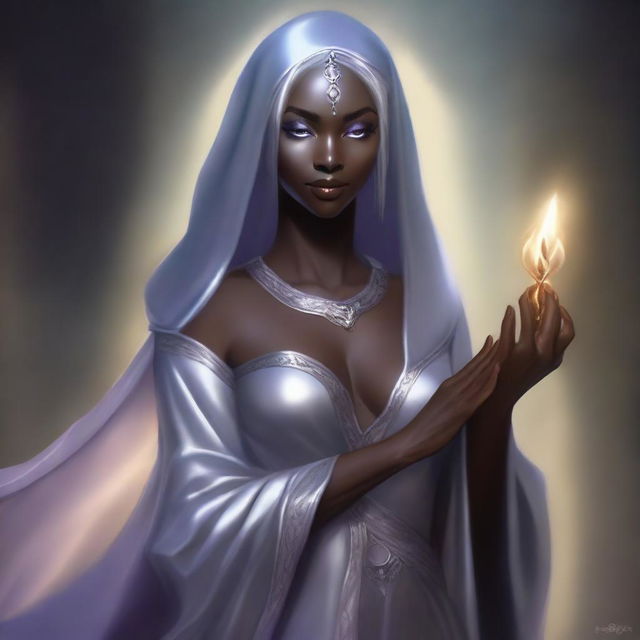 This is a high-quality, realistic fantasy portrait of a beautiful young dark elven priestess