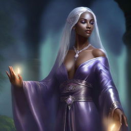 This is a high-quality, realistic fantasy portrait of a beautiful young dark elven priestess