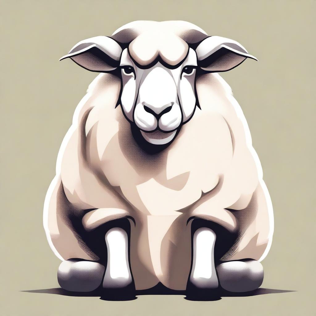 This is a high quality digital art illustration of an angry sheep sitting in a front pose