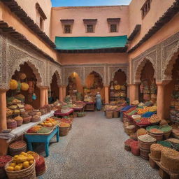 A bustling and vibrant scene of the DealShaker marketplace in the beautiful country of Morocco, showcasing local products, architecture, and culture. Design elements to include rich colors, cultural motifs, and traditional Moroccan design.