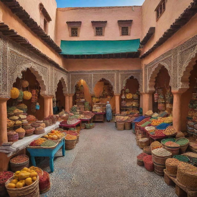 A bustling and vibrant scene of the DealShaker marketplace in the beautiful country of Morocco, showcasing local products, architecture, and culture. Design elements to include rich colors, cultural motifs, and traditional Moroccan design.