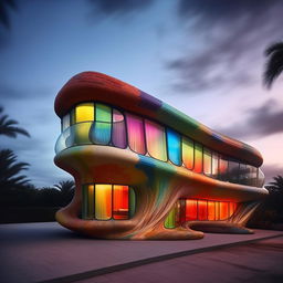 Architectural masterpiece house made of multicolored bricks, Zaha Hadid fluidity, Antonio Gaudi uniqueness, without vignetting, architectural photography style.