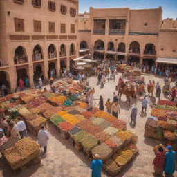 A bustling and vibrant scene of the DealShaker marketplace in the beautiful country of Morocco, showcasing local products, architecture, and culture. Design elements to include rich colors, cultural motifs, and traditional Moroccan design.