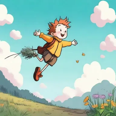 In the cartoon, the protagonist floats on a thistledown that carries him through the air.