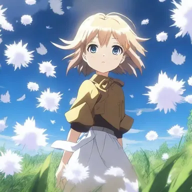 The anime character creates a mesmerizing visual effect by manipulating floating thistledown.