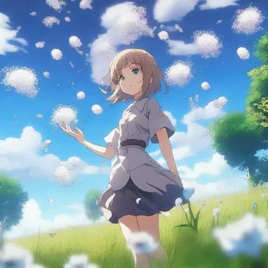 The anime character creates a mesmerizing visual effect by manipulating floating thistledown.