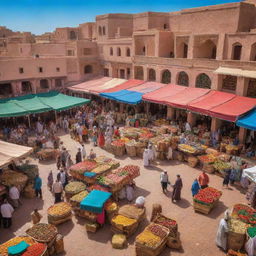 A bustling and vibrant scene of the DealShaker marketplace in the beautiful country of Morocco, showcasing local products, architecture, and culture. Design elements to include rich colors, cultural motifs, and traditional Moroccan design.