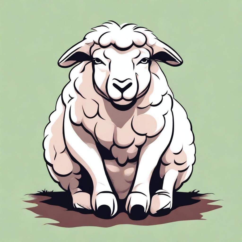 A high-quality digital art illustration of a full-bodied angry sheep sitting