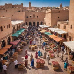 A bustling and vibrant scene of the DealShaker marketplace in the beautiful country of Morocco, showcasing local products, architecture, and culture. Design elements to include rich colors, cultural motifs, and traditional Moroccan design.