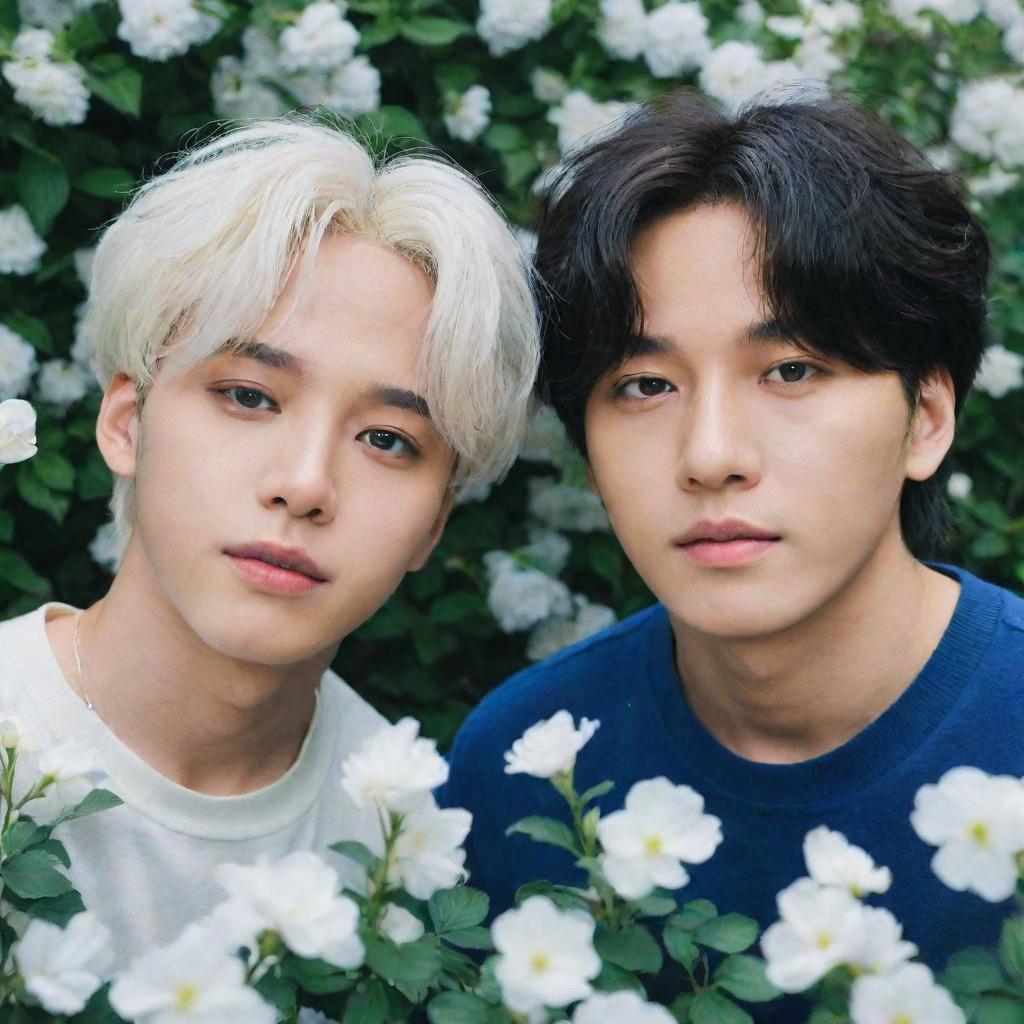 Jimin and Jungkook of BTS, where Jimin has snow-white hair and vibrant blue eyes, and Jungkook has deep, dark hair and eyes. They are in a lush garden filled with blooming white daphne flowers.