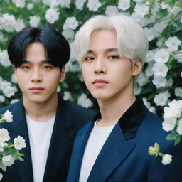 Jimin and Jungkook of BTS, where Jimin has snow-white hair and vibrant blue eyes, and Jungkook has deep, dark hair and eyes. They are in a lush garden filled with blooming white daphne flowers.