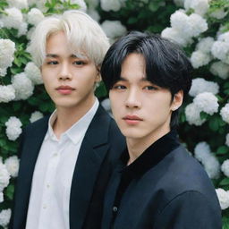 Jimin and Jungkook of BTS, where Jimin has snow-white hair and vibrant blue eyes, and Jungkook has deep, dark hair and eyes. They are in a lush garden filled with blooming white daphne flowers.