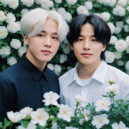 Jimin and Jungkook of BTS, where Jimin has snow-white hair and vibrant blue eyes, and Jungkook has deep, dark hair and eyes. They are in a lush garden filled with blooming white daphne flowers.