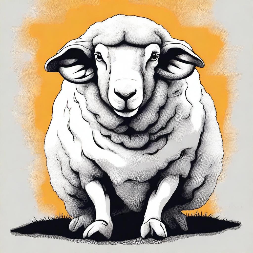 This is an outstanding digital art illustration depicting a dangerous, aggressive sheep sitting