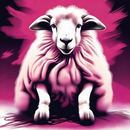 This is an outstanding digital art illustration depicting a dangerous, aggressive sheep sitting