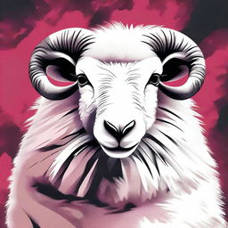 This is an outstanding digital art illustration depicting a dangerous, aggressive sheep sitting