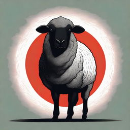 A high-quality digital art image featuring a black sheep without horns sitting down