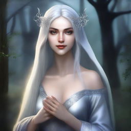 This is a high-quality, realistic fantasy portrait of a beautiful young dark elven priestess