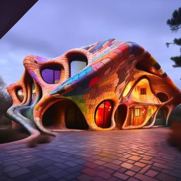 Modify existing image to completely remove vignetting, maintaining a multicolored brick house inspired by Zaha Hadid and Antonio Gaudi in architectural photography style.