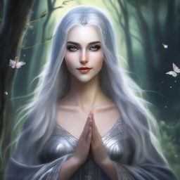 This is a high-quality, realistic fantasy portrait of a beautiful young dark elven priestess