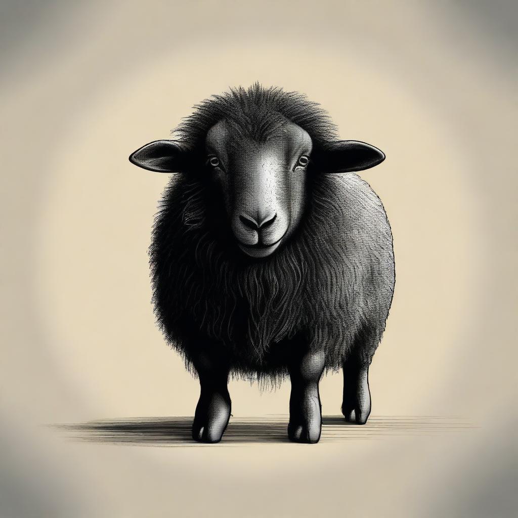 This is a high-quality digital art depiction of a black sheep without horns sitting down