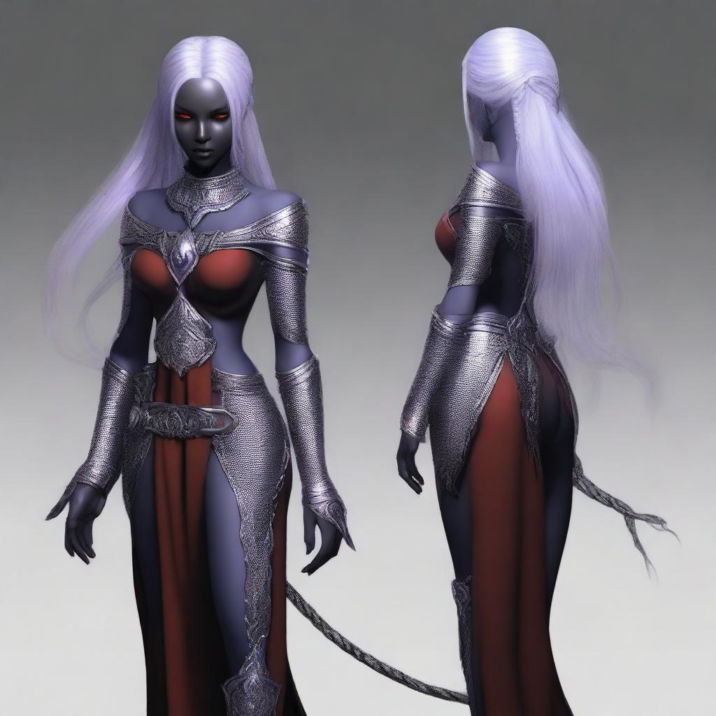 This digital art image showcases a young drow woman with light purple skin