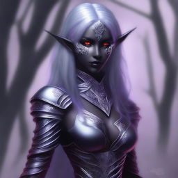 This digital art image showcases a young drow woman with light purple skin