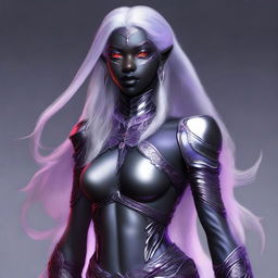 This digital art image showcases a young drow woman with light purple skin