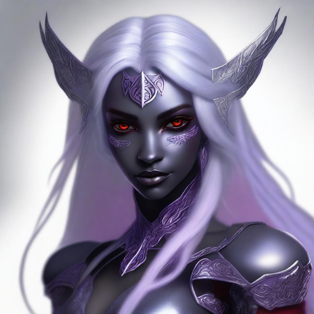 This digital art image showcases a young drow woman with light purple skin