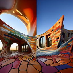 Modify existing image to completely remove vignetting, maintaining a multicolored brick house inspired by Zaha Hadid and Antonio Gaudi in architectural photography style.