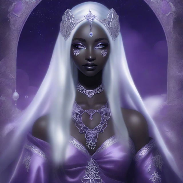 A high-quality digital art image features a young drow woman with dark purple skin and long, silky silver hair