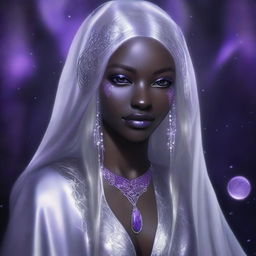 A high-quality digital art image features a young drow woman with dark purple skin and long, silky silver hair