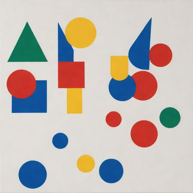 Create a minimalist art piece with abstract geometric objects, focusing on simple shapes and primary colors.