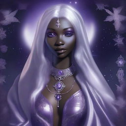 A high-quality digital art image features a young drow woman with dark purple skin and long, silky silver hair