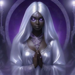 A high-quality digital art image features a young drow woman with dark purple skin and long, silky silver hair