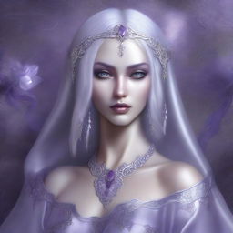 A high-quality digital art image presents a young drow woman with pale purple skin