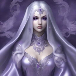 A high-quality digital art image presents a young drow woman with pale purple skin