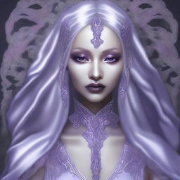 A high-quality digital art image presents a young drow woman with pale purple skin