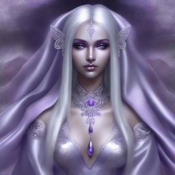 A high-quality digital art image presents a young drow woman with pale purple skin