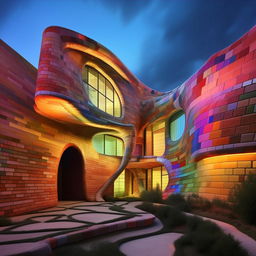 Modify existing image to completely remove vignetting, maintaining a multicolored brick house inspired by Zaha Hadid and Antonio Gaudi in architectural photography style.