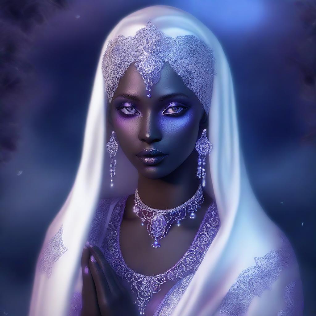 This digital art image portrays a young drow woman with purple-grey skin