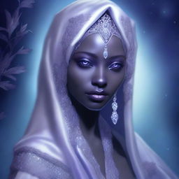 This digital art image portrays a young drow woman with purple-grey skin