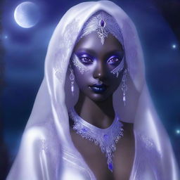 This digital art image portrays a young drow woman with purple-grey skin