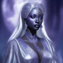 This digital art image portrays a young drow woman with purple-grey skin